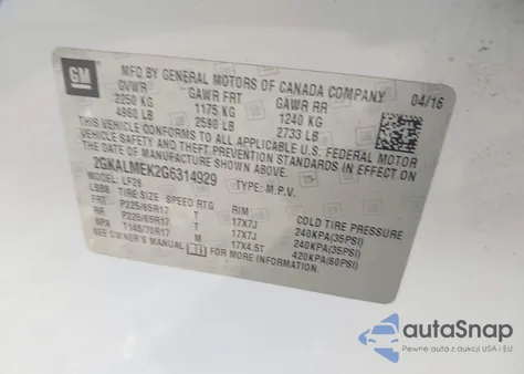 2016 GMC Terrain Sle-1 z USA, uszkodzony, nr VIN 2GKALMEK2G6314929